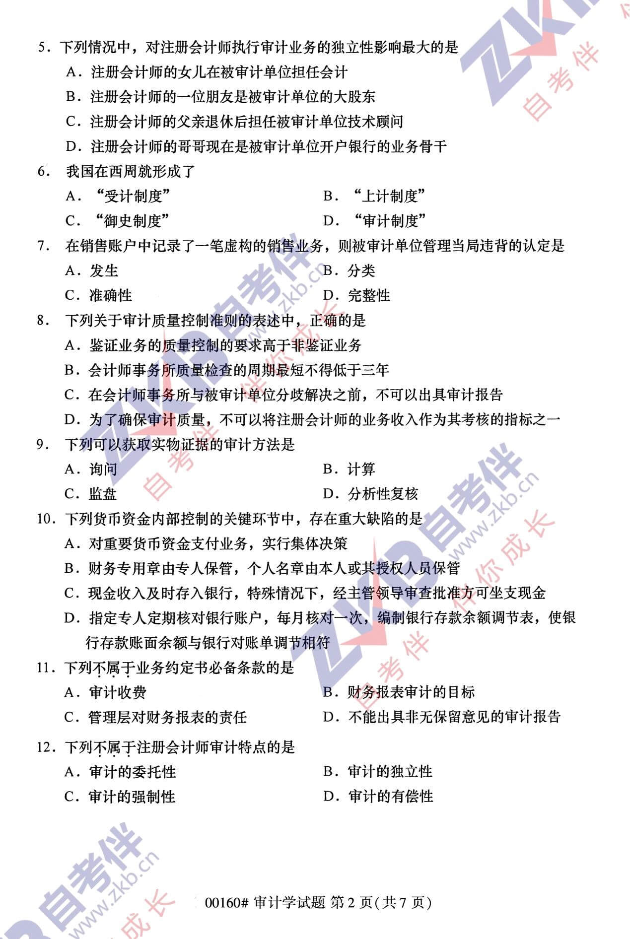 2021年10月福建自考00160審計(jì)學(xué)試卷